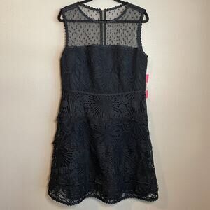 Lilly Pulitzer Kasee Dress Sz 16 Black Tier Lace Floral Lace Illusion Sleeveless